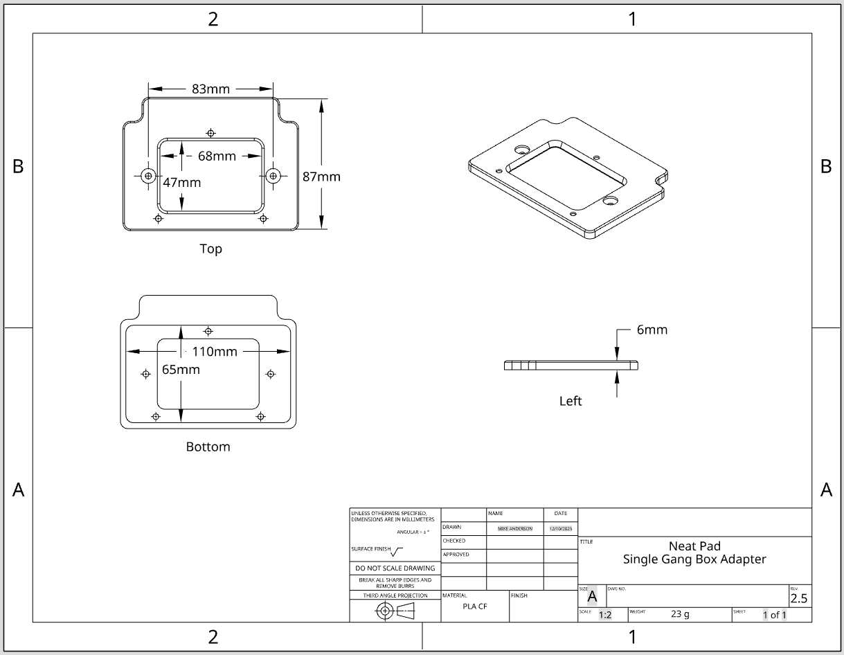 Single Gang Box Adapter Compatible with Neat Pad